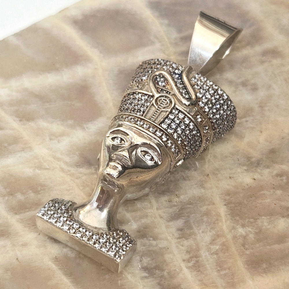 Queen Nefertiti Sterling Silver Cubic Zirconia 925 Pendant 22 Grams
